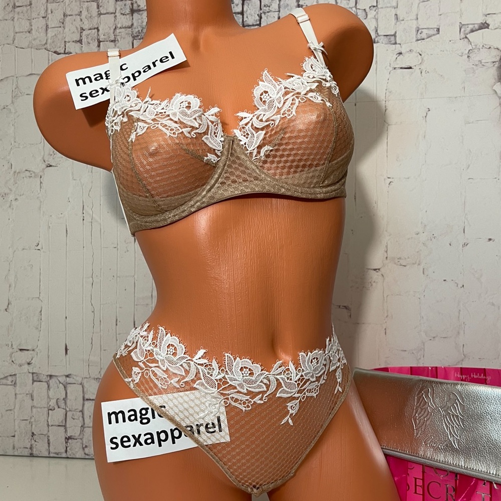 VS LUXE 32 34 36 38 BRA PANTY S M L XL SET FLORAL APPLIQUÉ EMBROIDERY WAFFLE